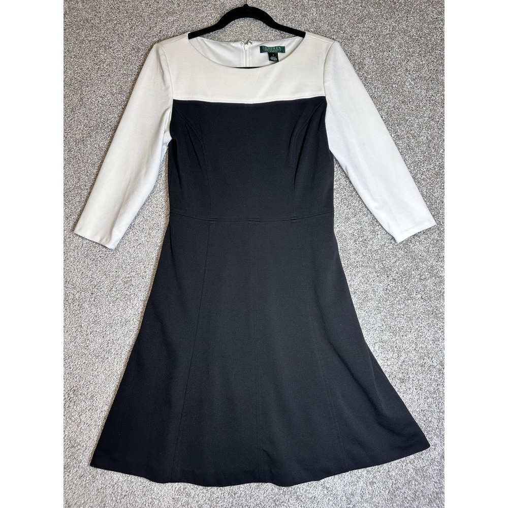 Lauren Ralph Lauren Dress Size 8 Black White Boat Neck Fit Flare Colorblock